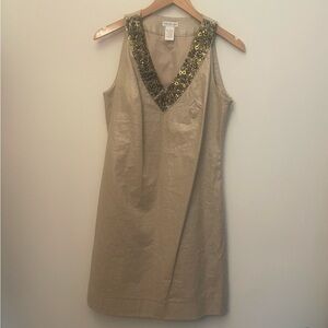 ⭐️ 3/$20 Worthington Shimmery Tan Linen Blend Sheath Dress Beaded Neckline Sz 10